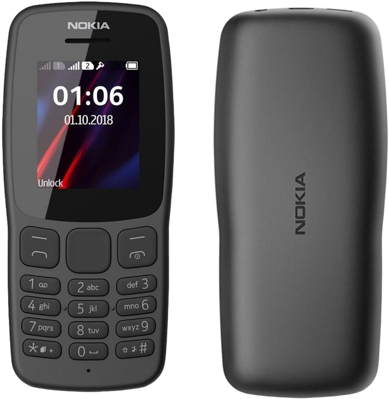 A black Nokia 106 4G, front and back, with an Ansard label on the back.